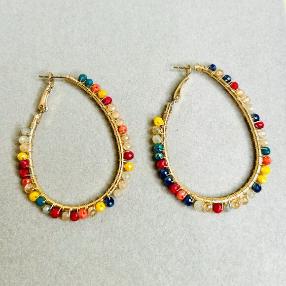 Colorful Beaded Gold Tone Teardrop Hoop Earrings - Picture 1 of 6